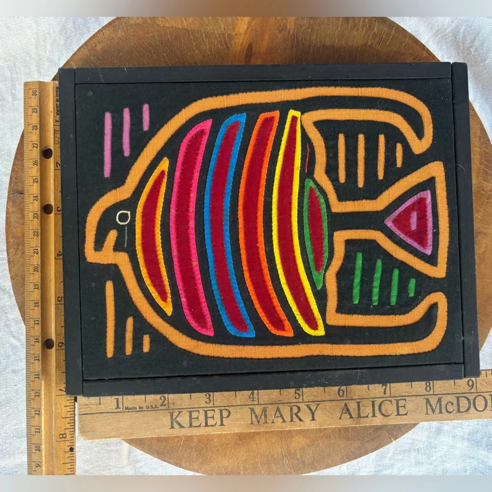 Framed Mola Textile Art - Multicolor Fish